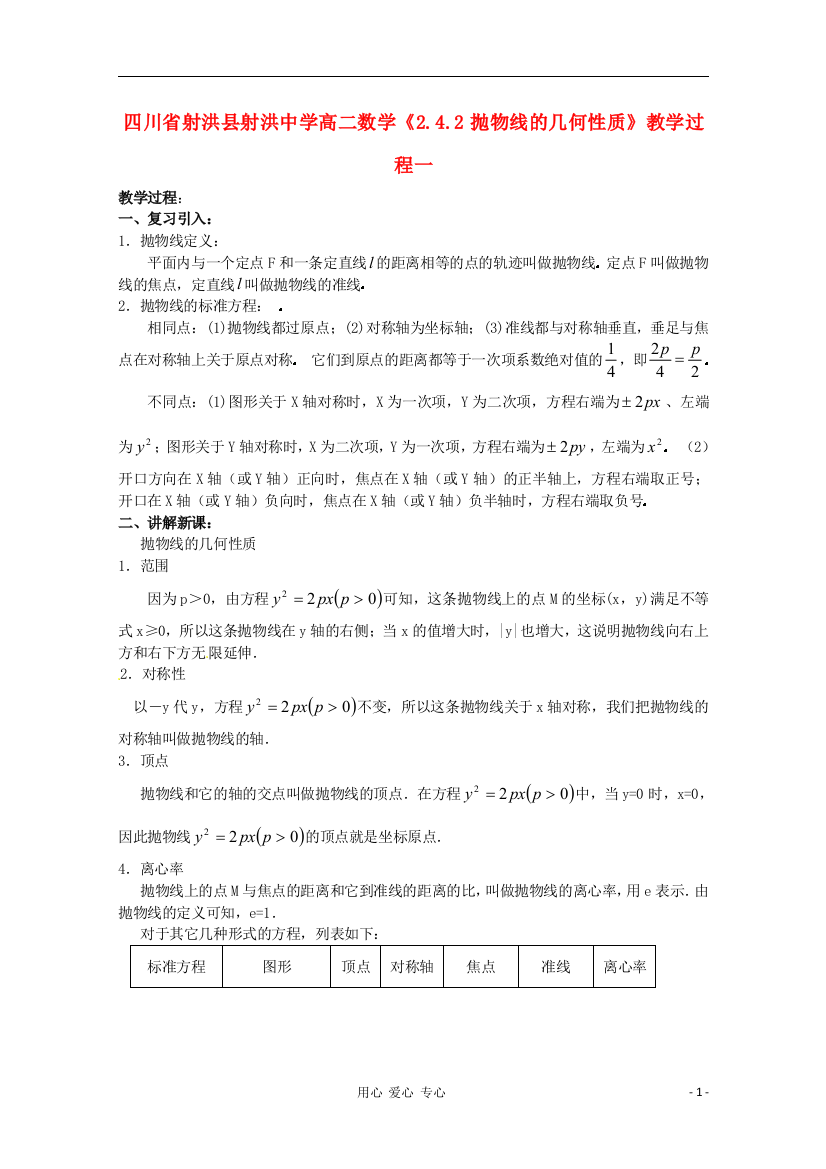 （中小学教案）四川省射洪县射洪中学高二数学《2.4.2抛物线的几何性质》教学过程一