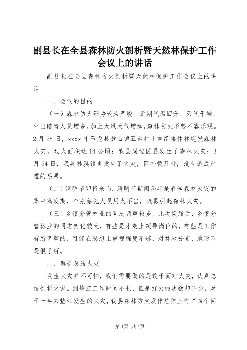 副县长在全县森林防火剖析暨天然林保护工作会议上的致辞