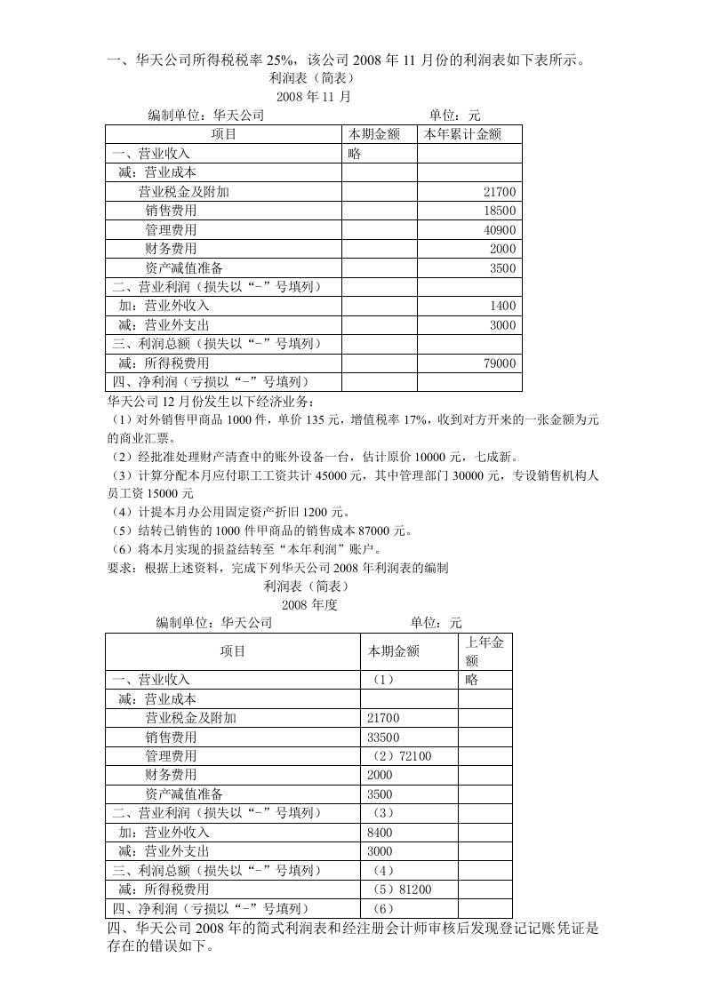 利润表习题(含答案)