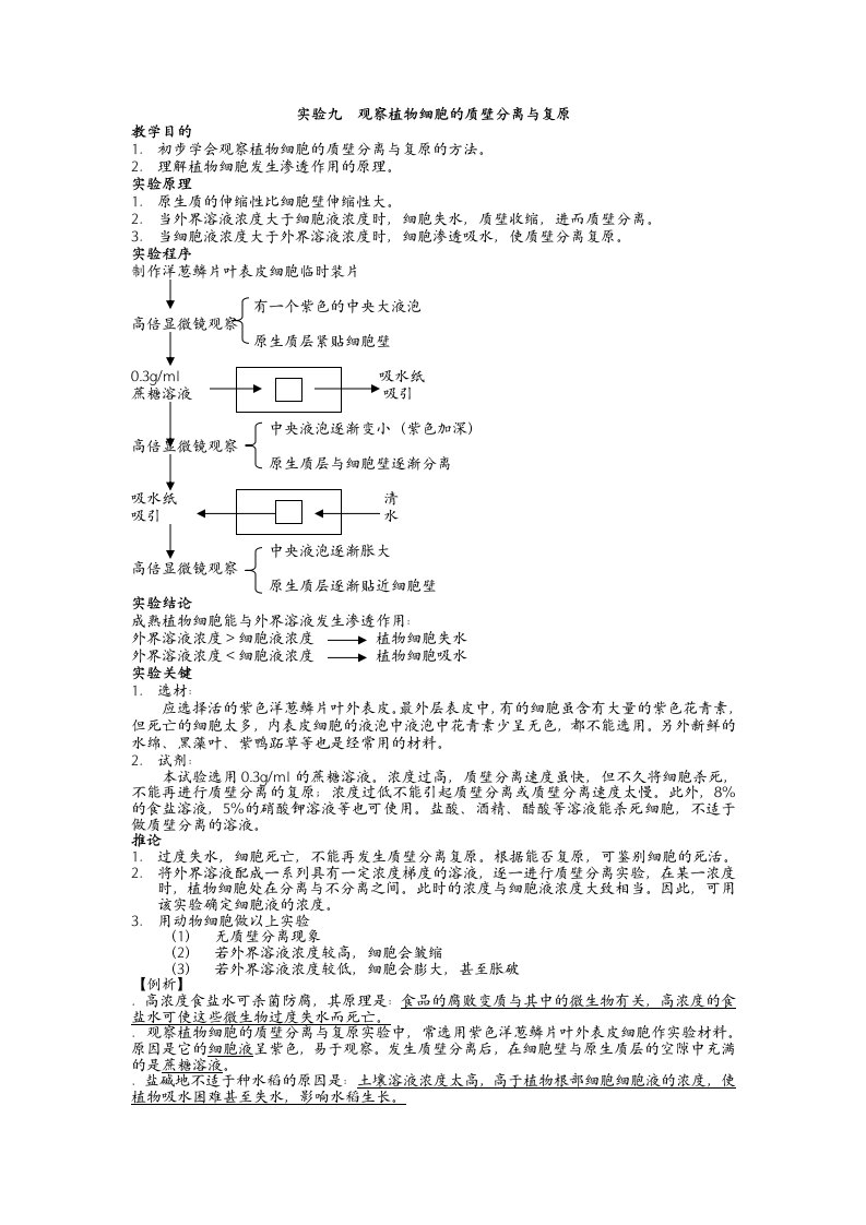 高中生物必修一实验九观察植物细胞的质壁分离与复原