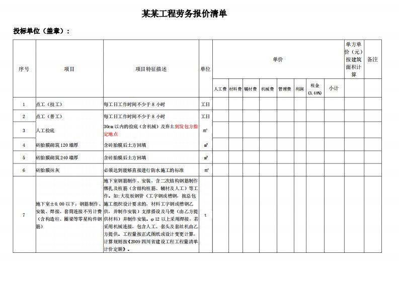 劳务报价表(范本,仅供参考)