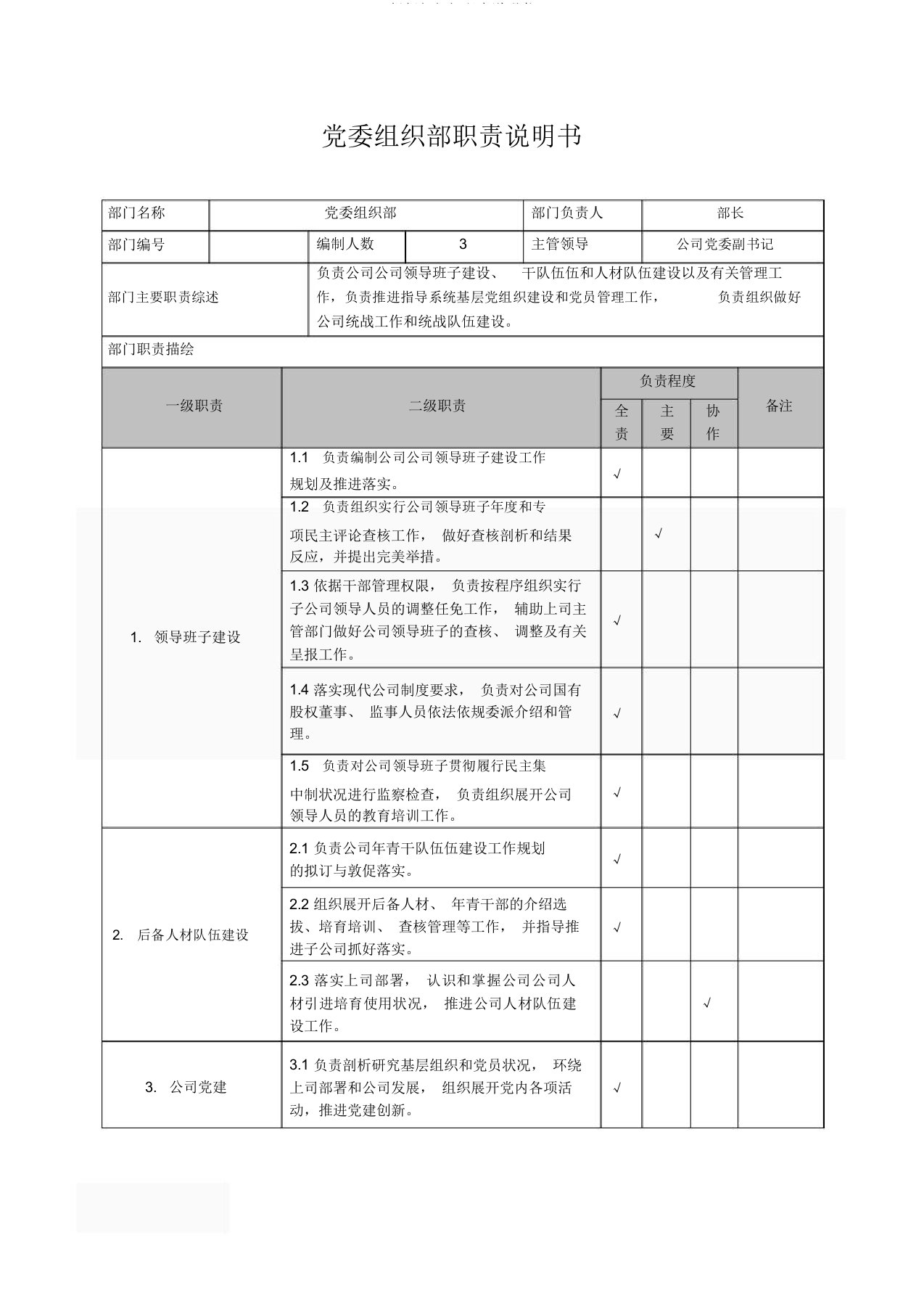 组织部部门职责说明书