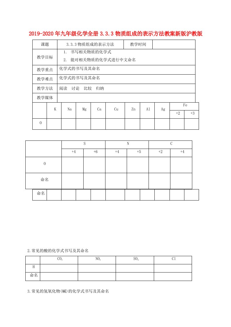 2019-2020年九年级化学全册3.3.3物质组成的表示方法教案新版沪教版