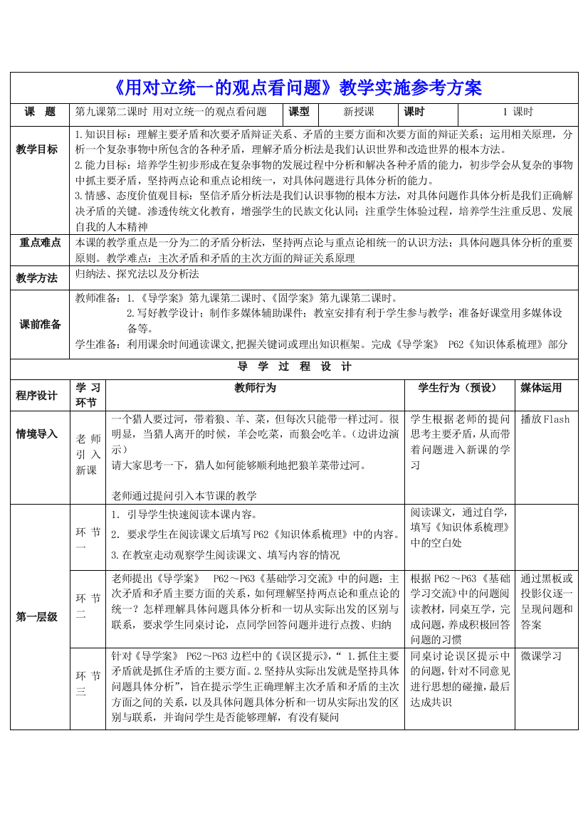 《用对立统一的观点看问题》教师教学实施方案