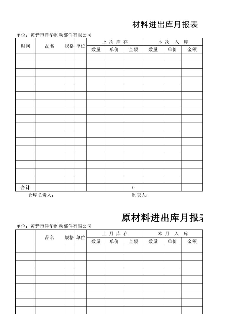 仓库材料进出库表格