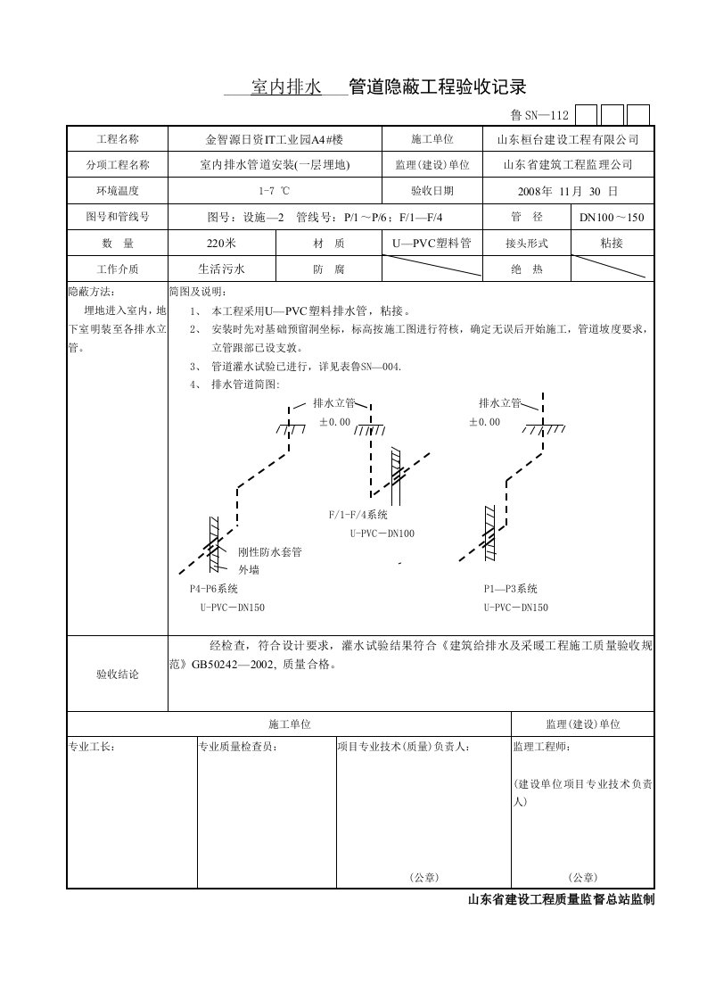 室内排水管道隐蔽工程验收记录