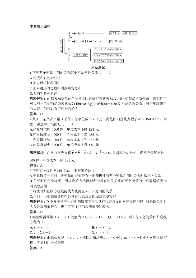 数学人教A版选修2-3本章测评：第三章统计案例3