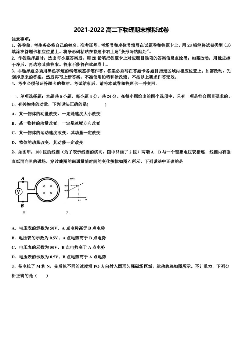 2022届重庆市普通高中高二物理第二学期期末监测试题含解析