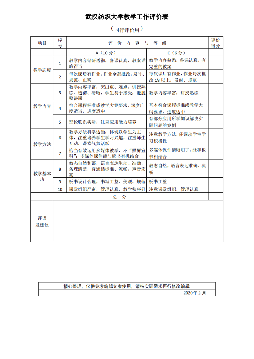 武汉纺织大学教学工作评价表