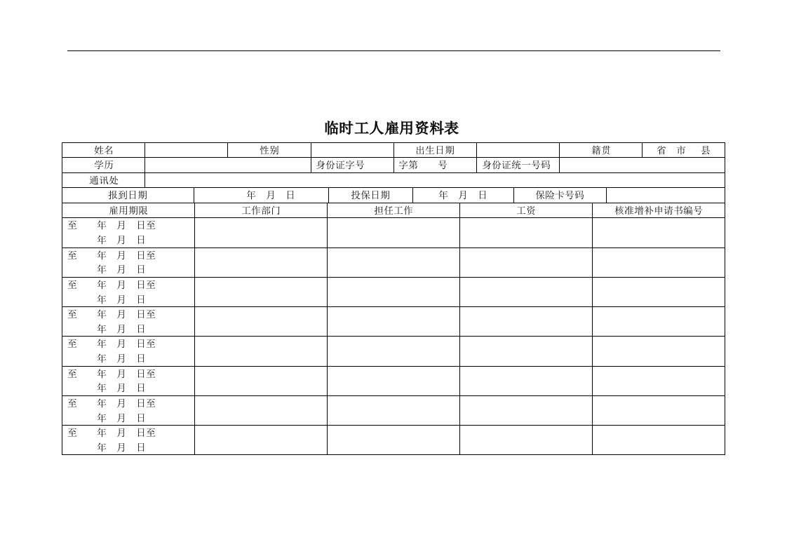 【管理精品】临时工人雇用资料表