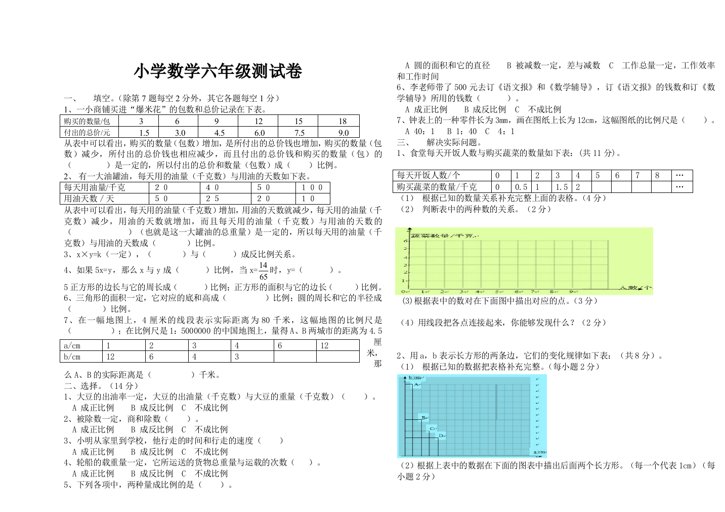 北师大六年级数学下册正比例和反比例测试题