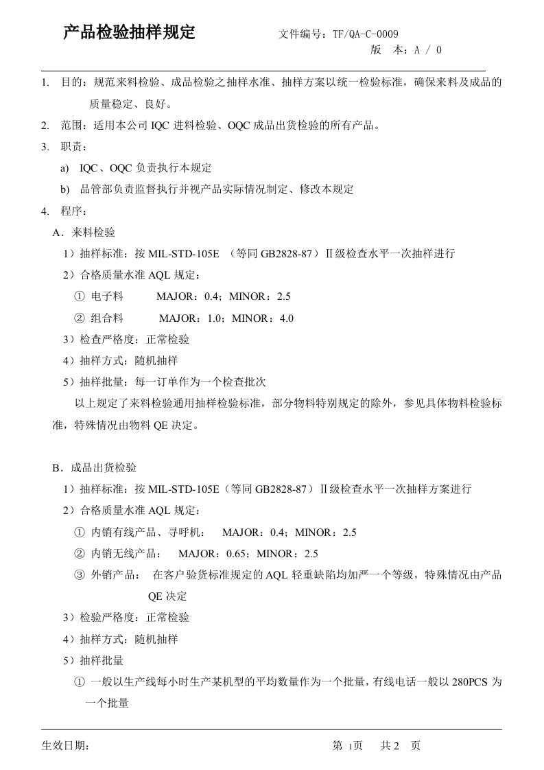 某公司品质管理全套流程及管理制度》(11个文件)产品检验抽样规定-质量制度表格