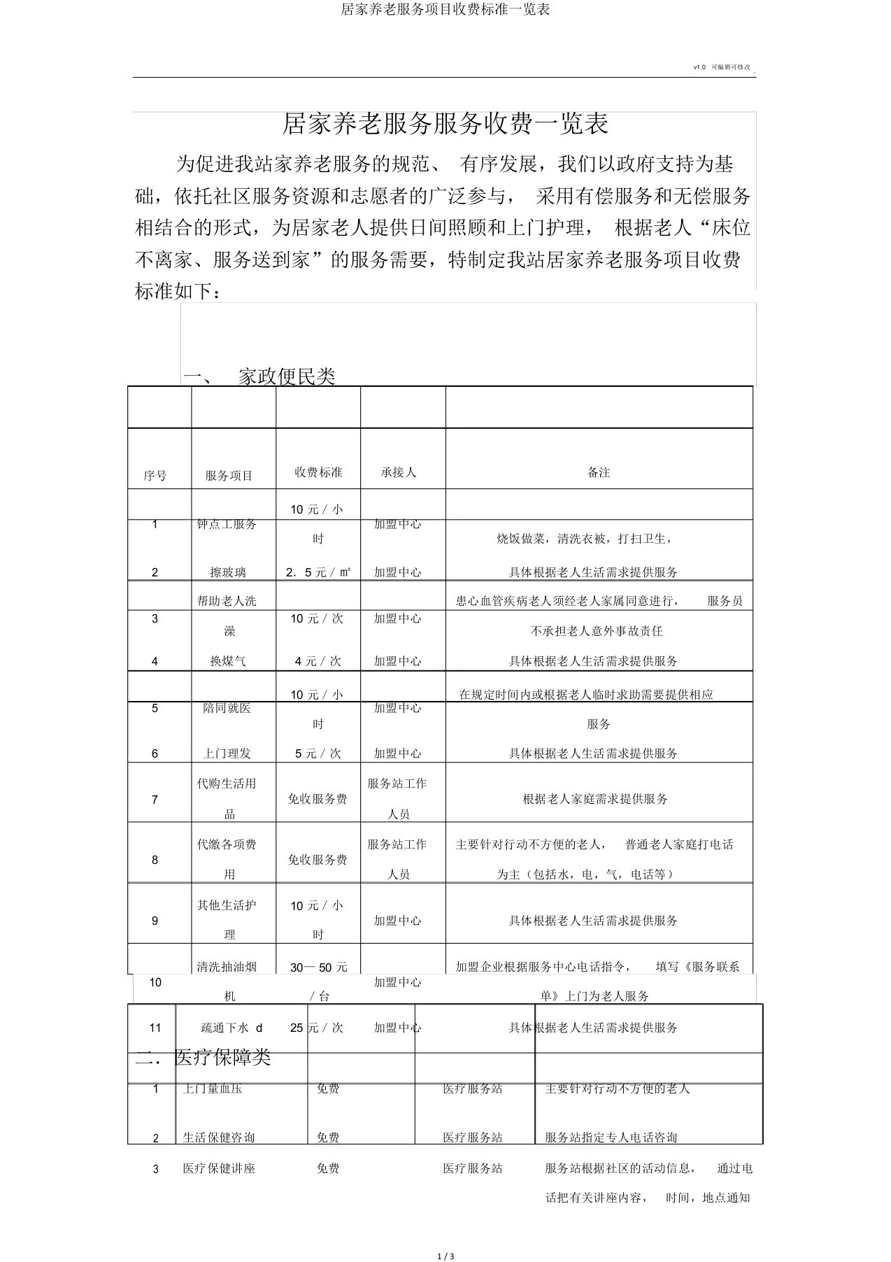 居家养老服务项目收费标准一览表