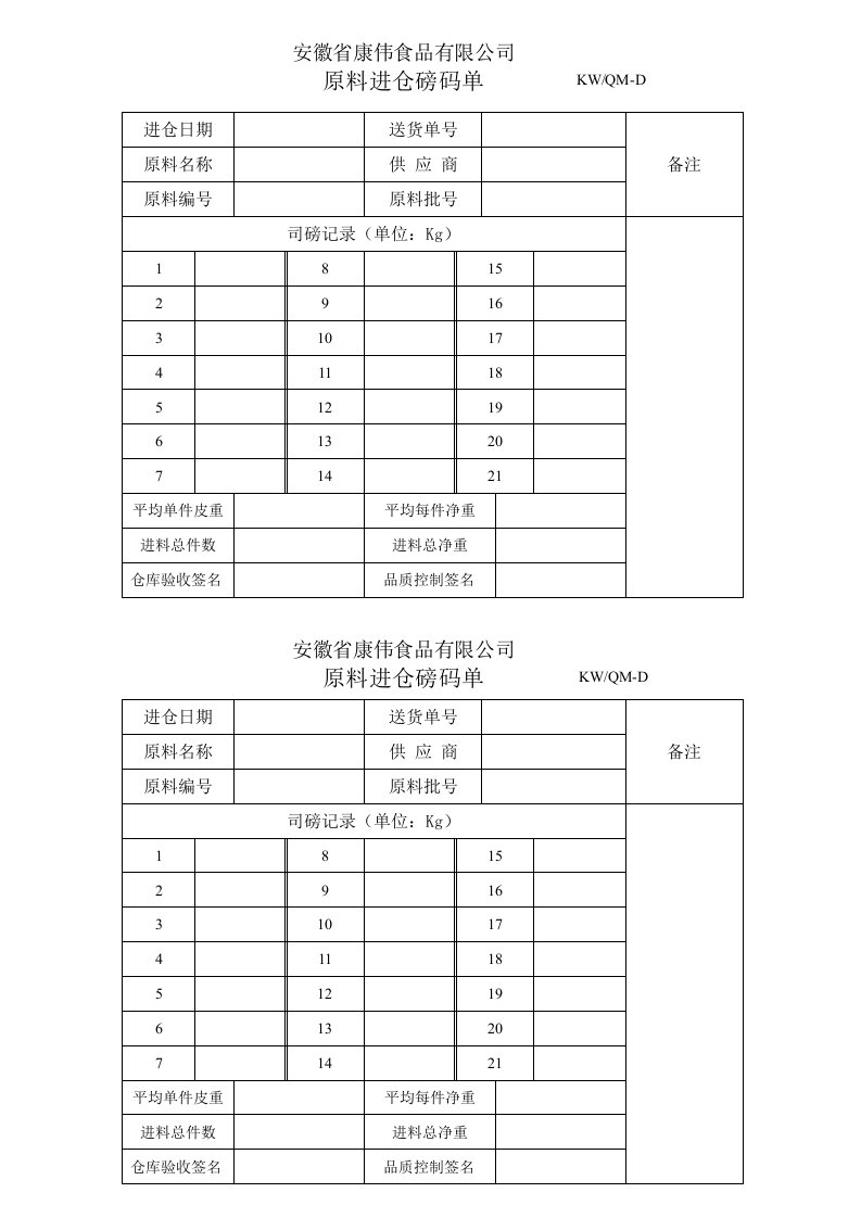 原料控制用表格原料进仓磅码单-其它制度表格