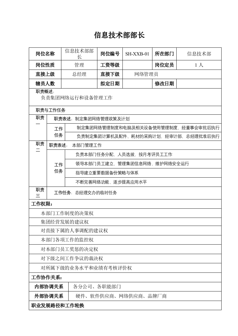 某汽车集团信息技术部信息技术部长岗位说明书