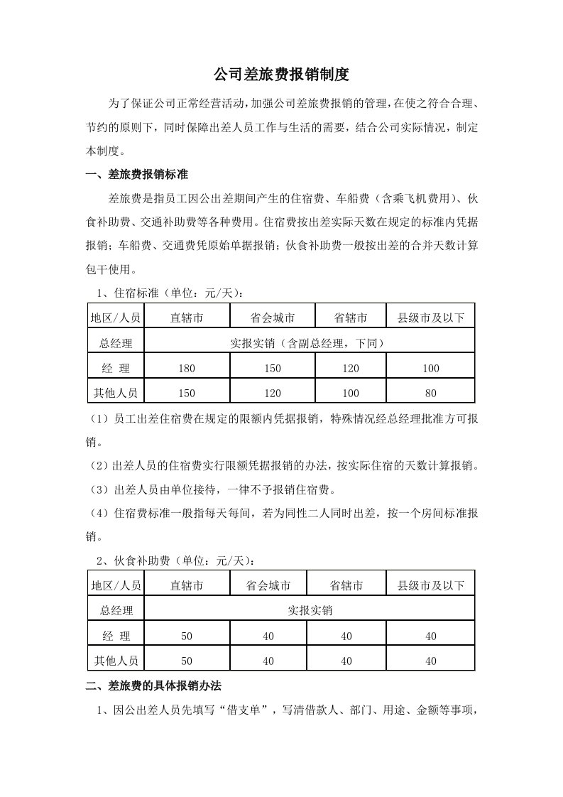 公司差旅费报销制度