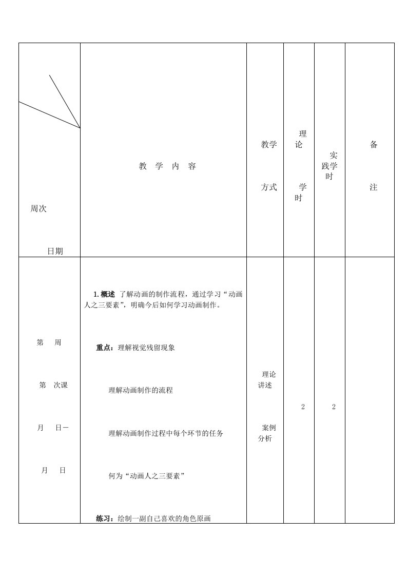 二维动画设计教学进度表