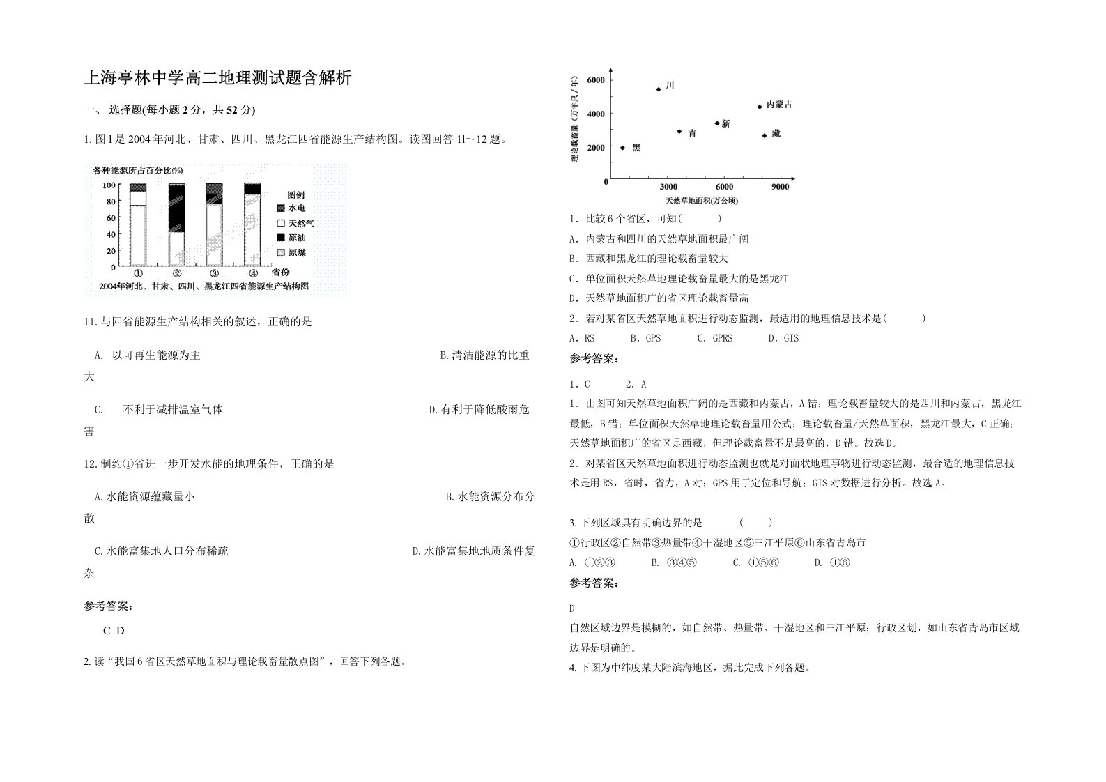 上海亭林中学高二地理测试题含解析