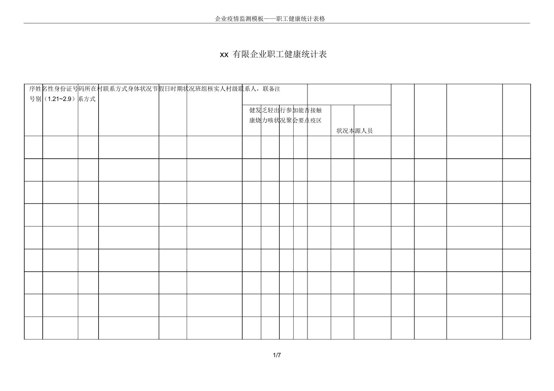 企业疫情监测模板——职工健康统计表格