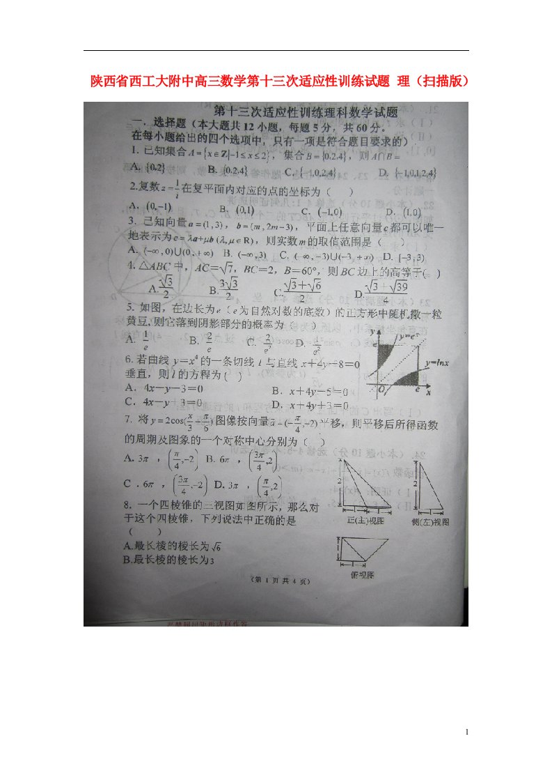 陕西省西工大附中高三数学第十三次适应性训练试题