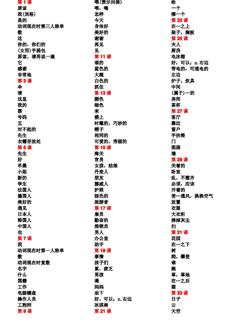 新概念1英语第一册单词表汉译英(默写)可打印版