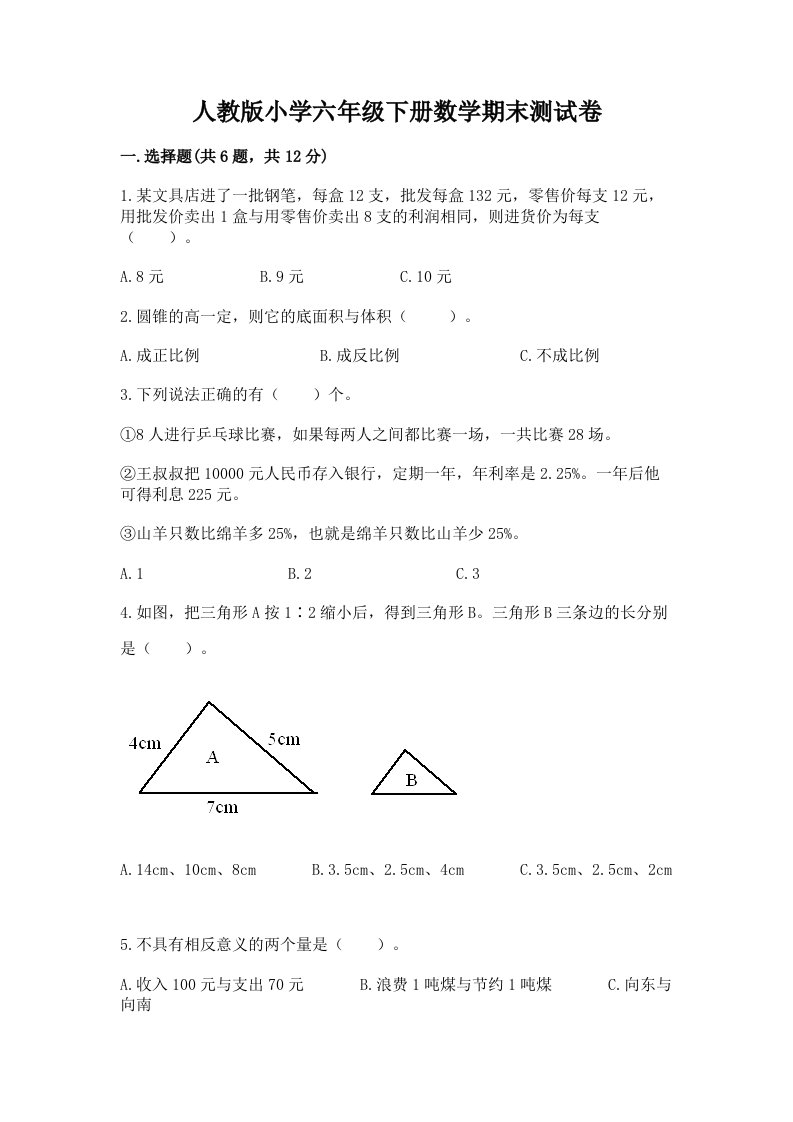 人教版小学六年级下册数学期末测试卷（考点精练）