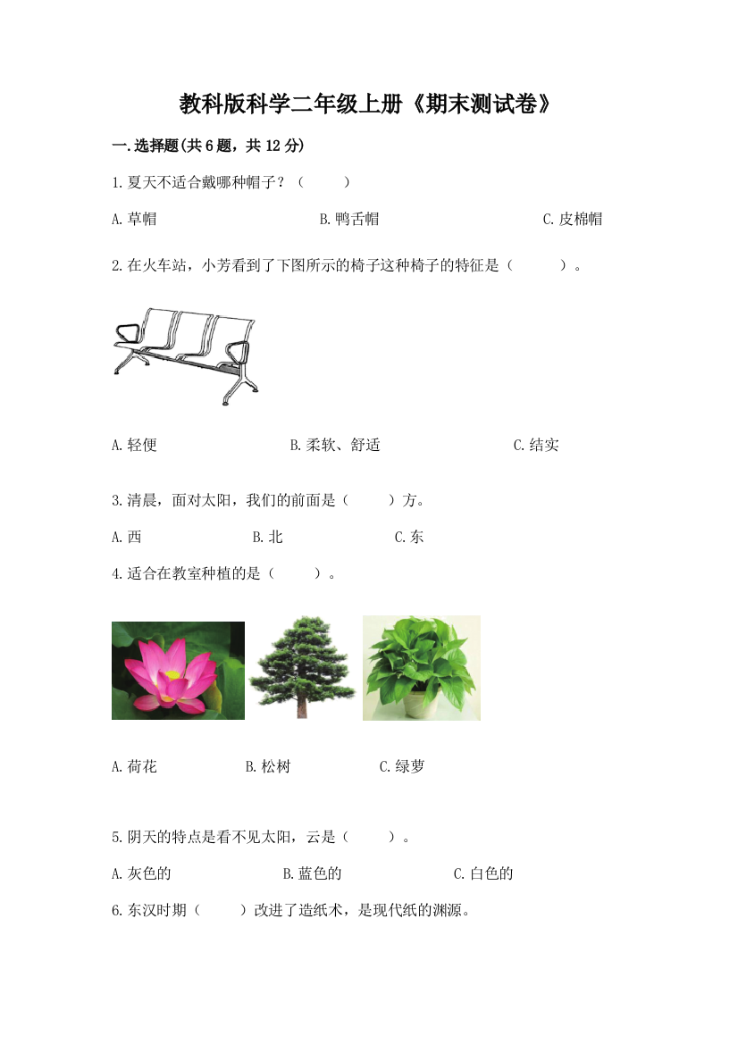 教科版科学二年级上册《期末测试卷》(典优)