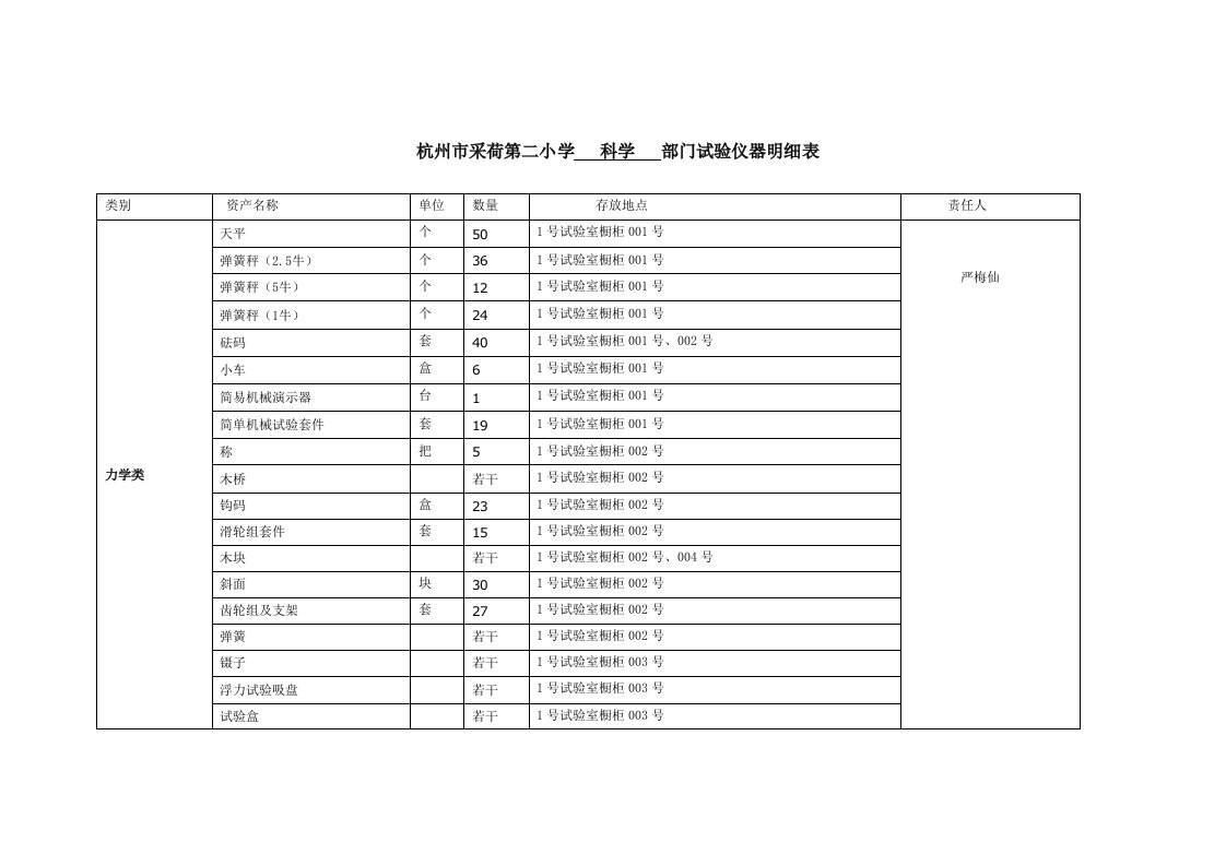 科学实验仪器台账样稿