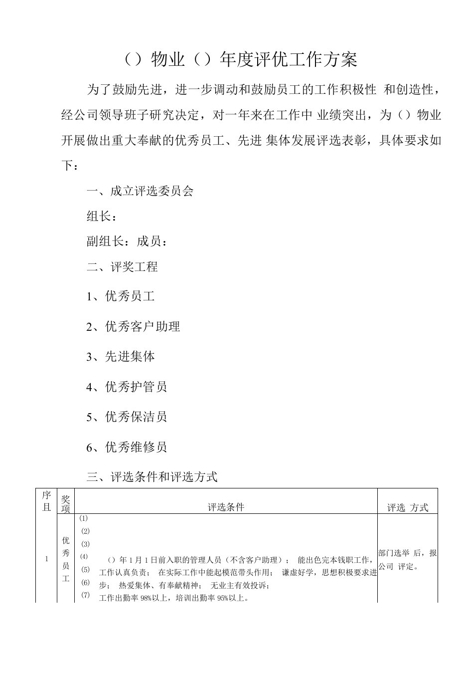 物业公司年度评优工作方案