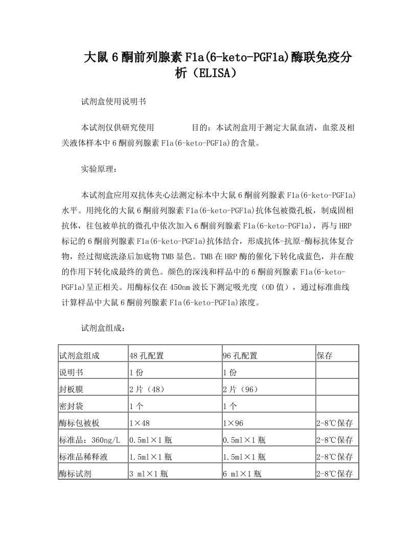 大鼠6酮前列腺素F1a(6-keto-PGF1a)+说明书