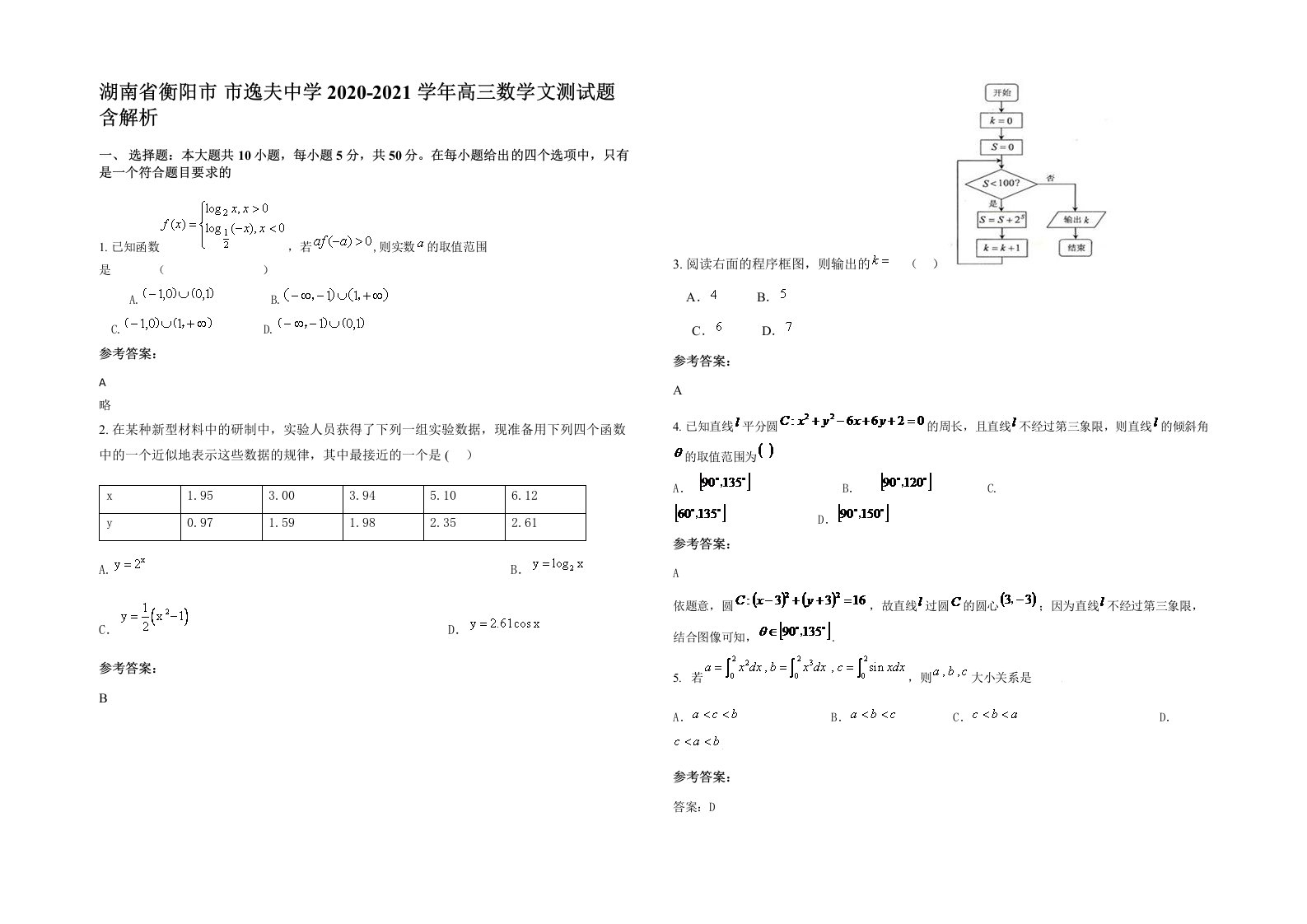 湖南省衡阳市市逸夫中学2020-2021学年高三数学文测试题含解析