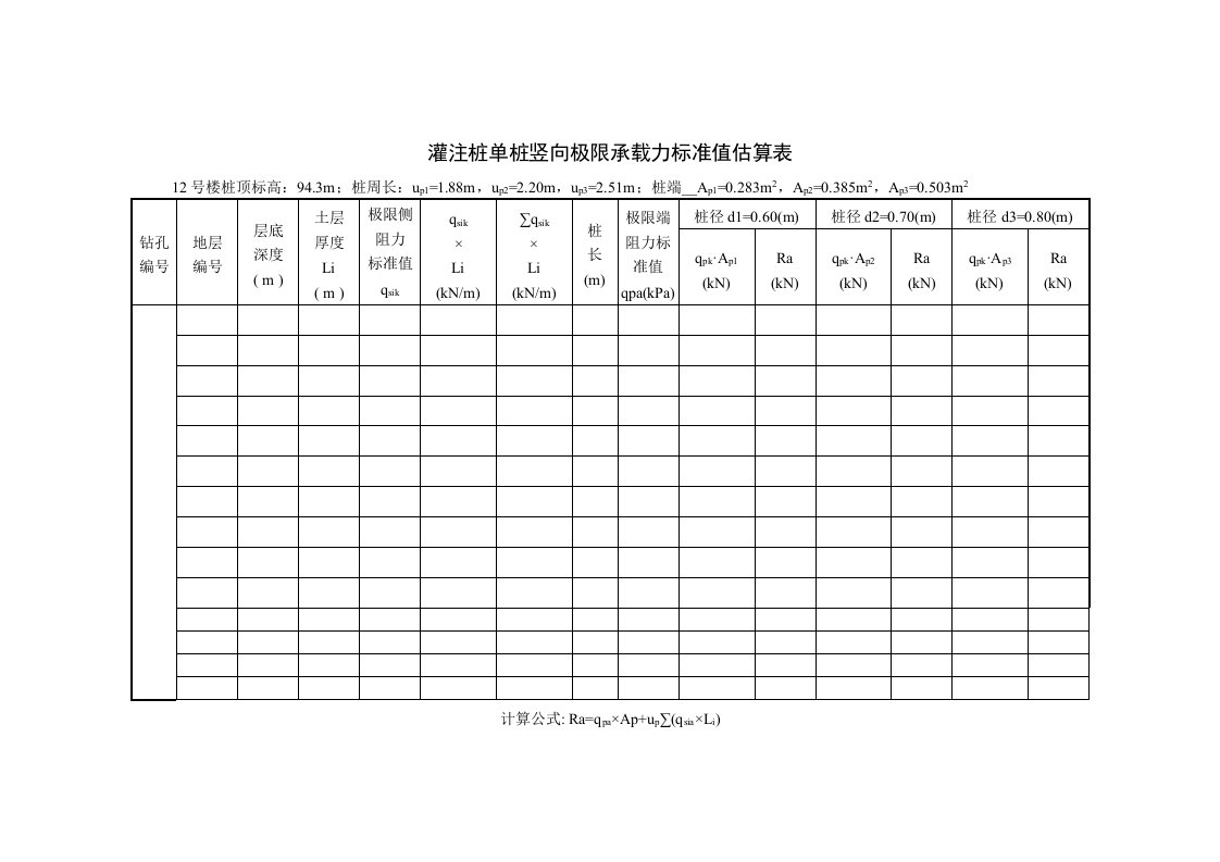 灌注桩单桩竖向极限承载力标准值估算表格式