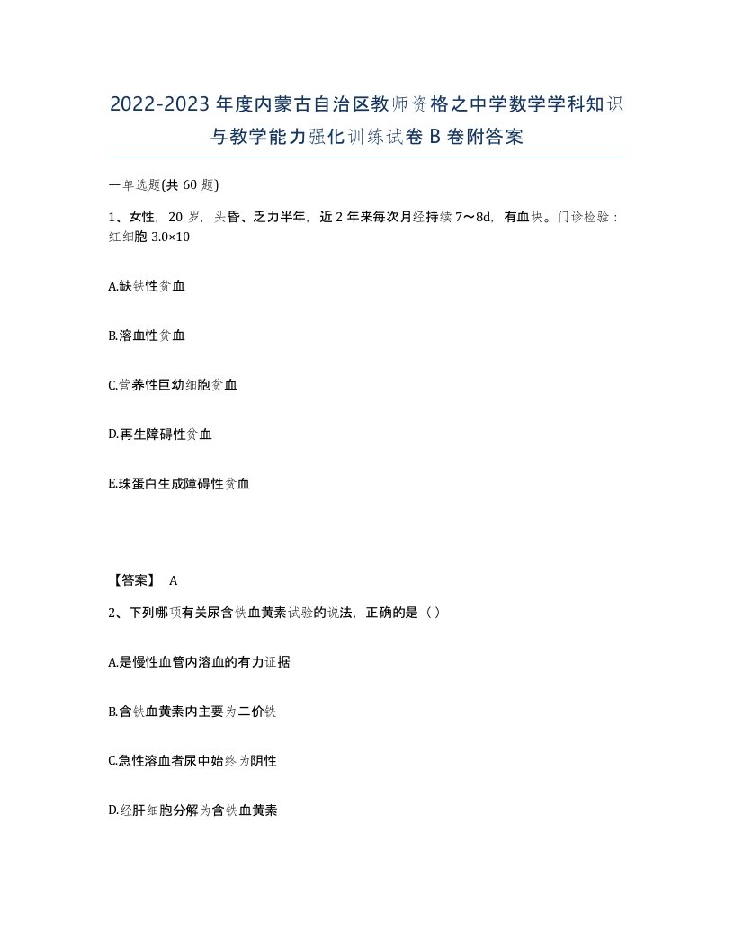 2022-2023年度内蒙古自治区教师资格之中学数学学科知识与教学能力强化训练试卷B卷附答案