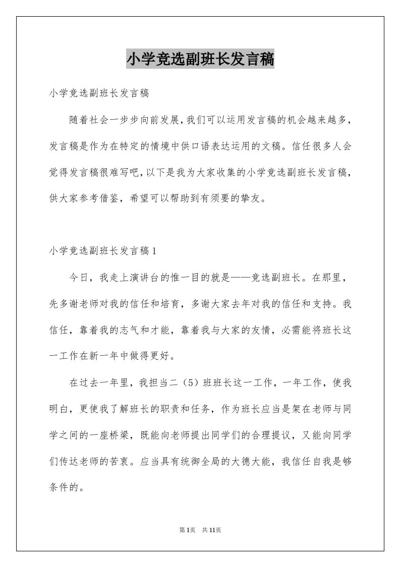 小学竞选副班长发言稿范文