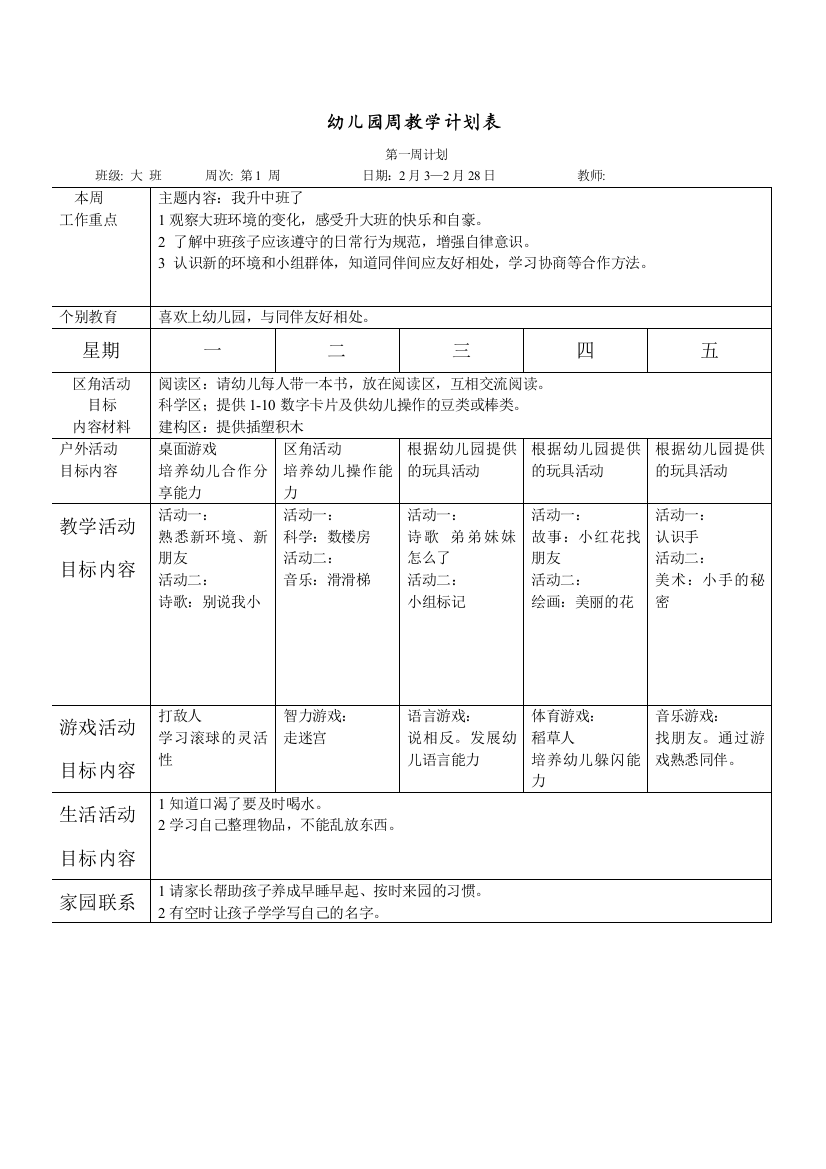 幼儿园大班第二学期园务周工作计划表