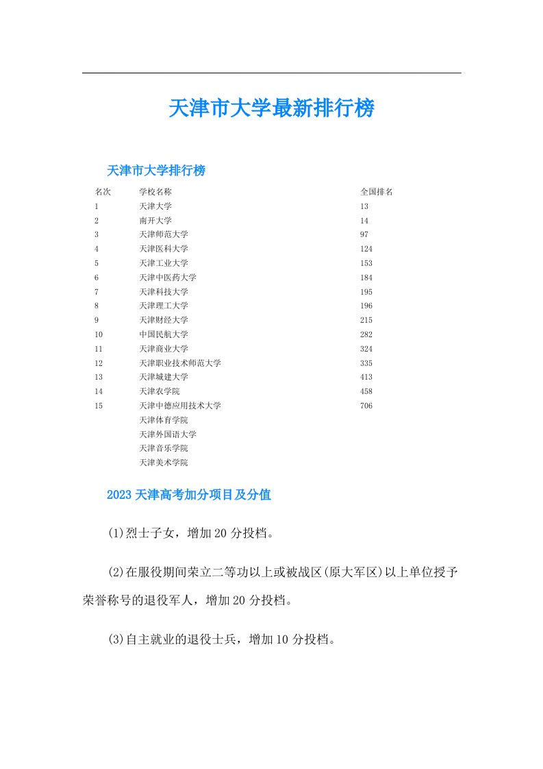 天津市大学最新排行榜