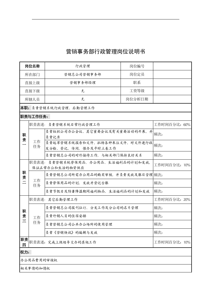 奥康集团营销事务部行政管理岗位说明书