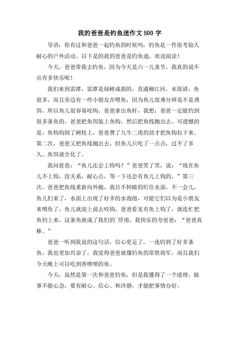 我的爸爸是钓鱼迷作文500字