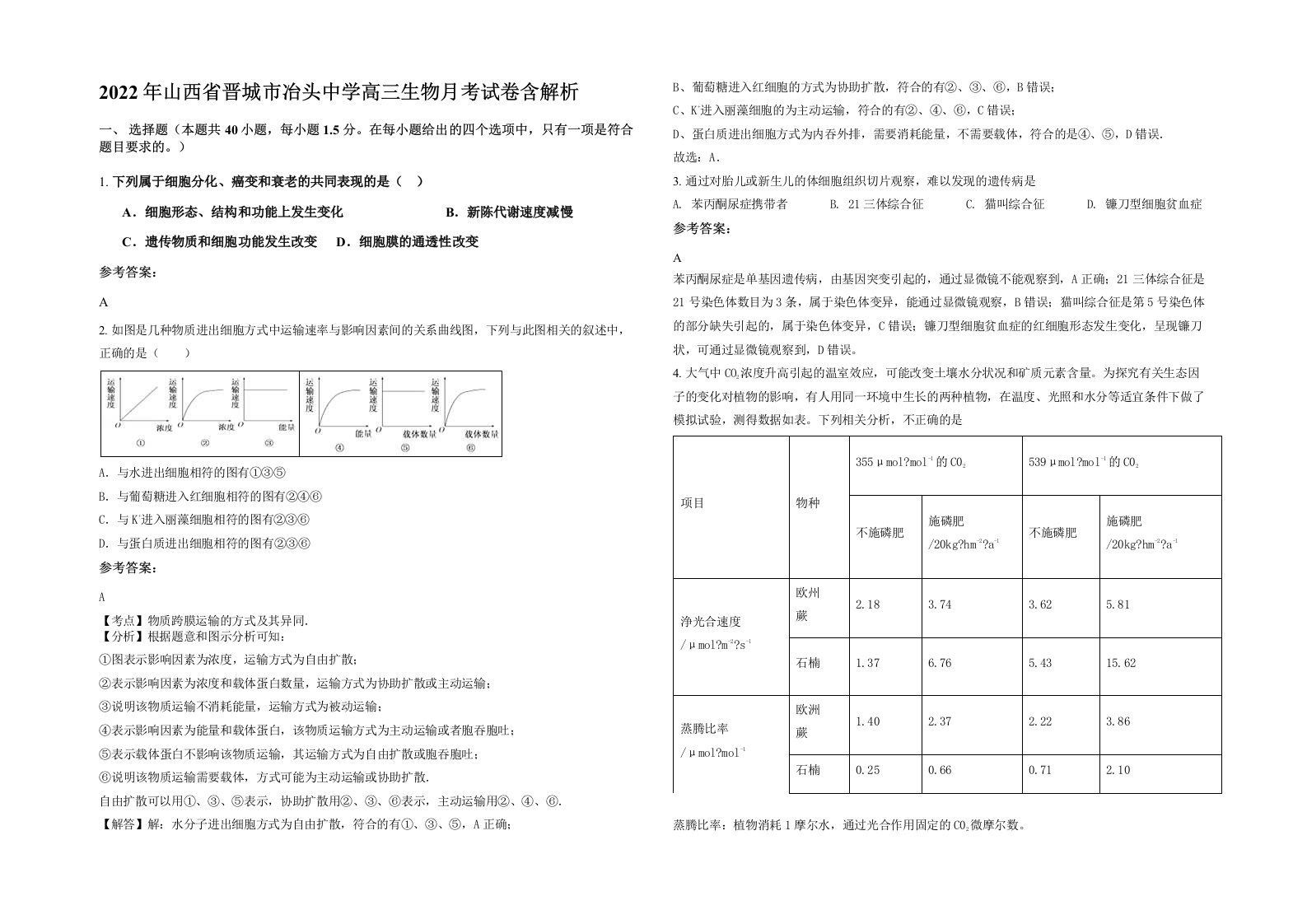 2022年山西省晋城市冶头中学高三生物月考试卷含解析