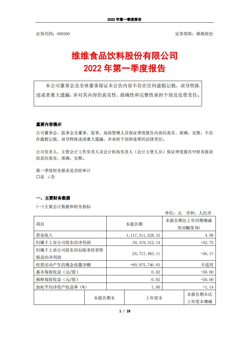 上交所-维维食品饮料股份有限公司2022年第一季度报告-20220429