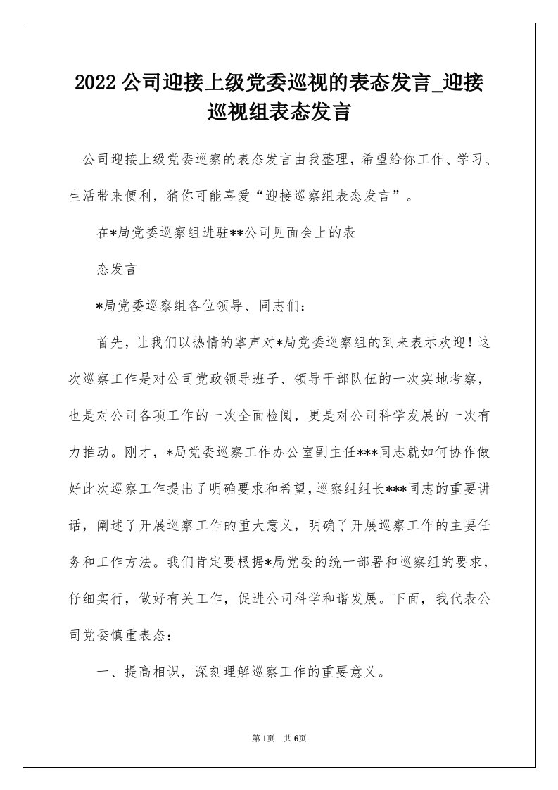 2022公司迎接上级党委巡视的表态发言