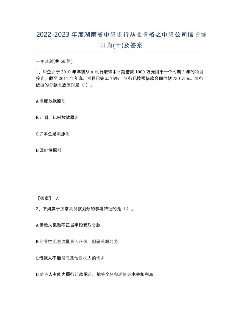 2022-2023年度湖南省中级银行从业资格之中级公司信贷练习题十及答案