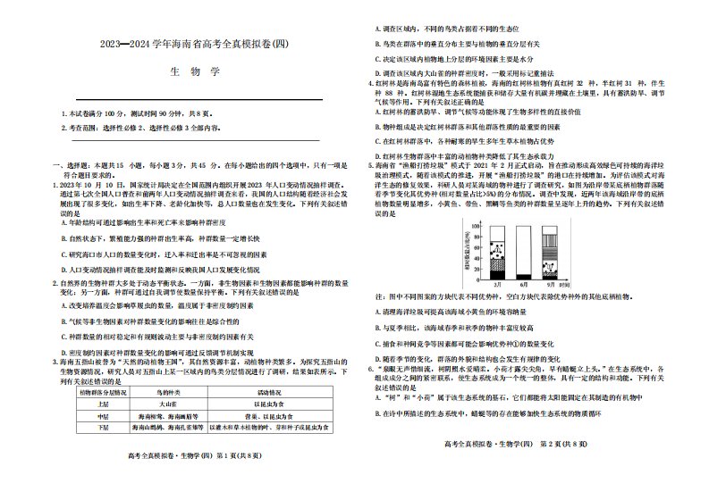 海南省2023-2024学年高三上学期高考全真模拟(四)生物试题