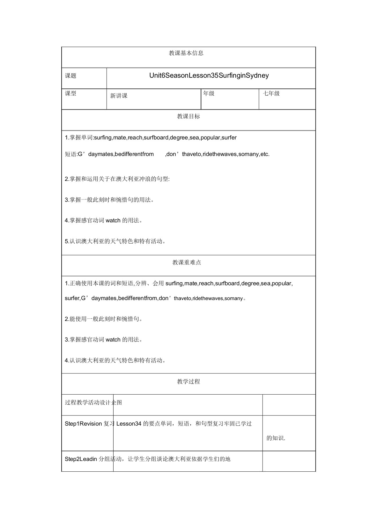 冀教版英语七年级下册Unit6Lesson35SurfinginSydney教案设计