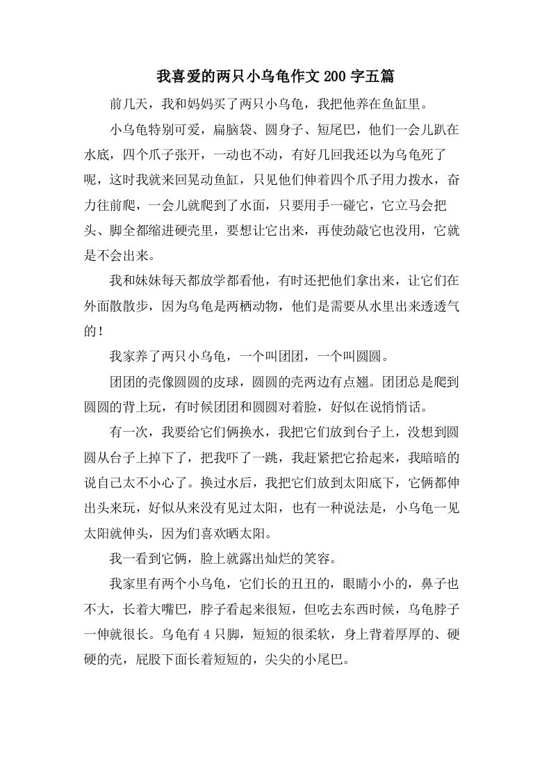 我喜爱的两只小乌龟作文200字五篇