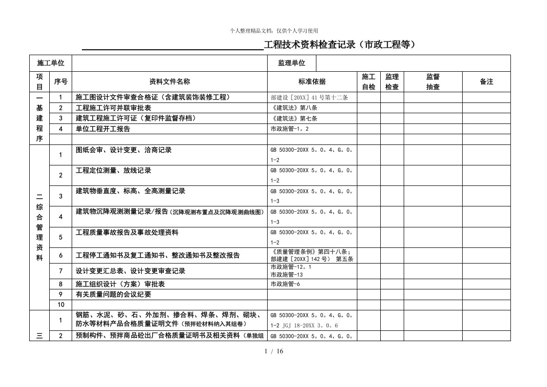 工程技术资料检查记录（市政工程等）