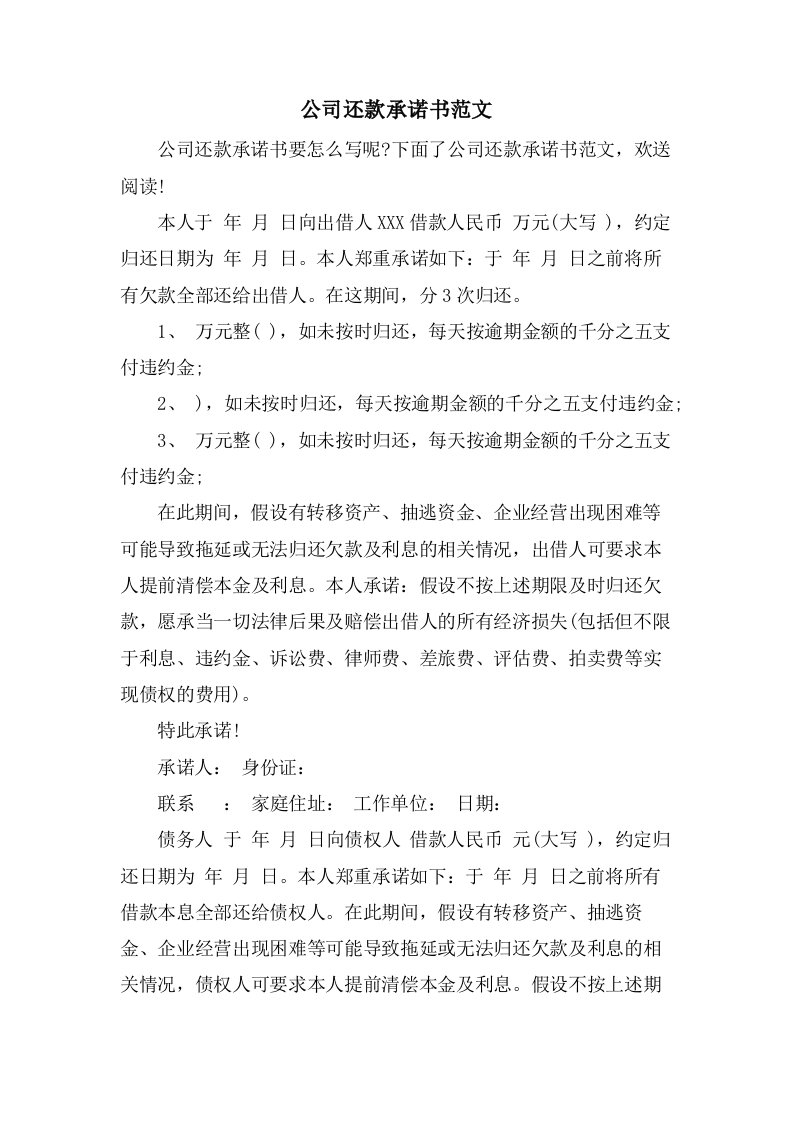 公司还款承诺书范文