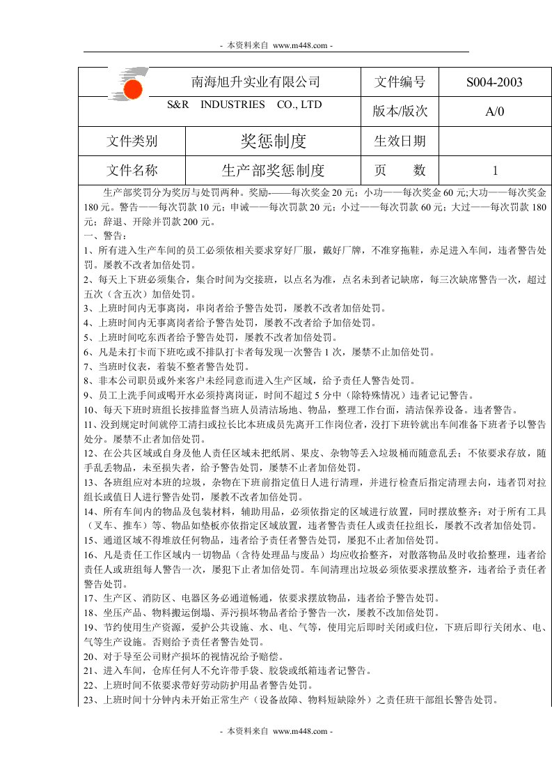 《南海旭升实业公司生产部奖惩制度》(doc)-生产制度表格