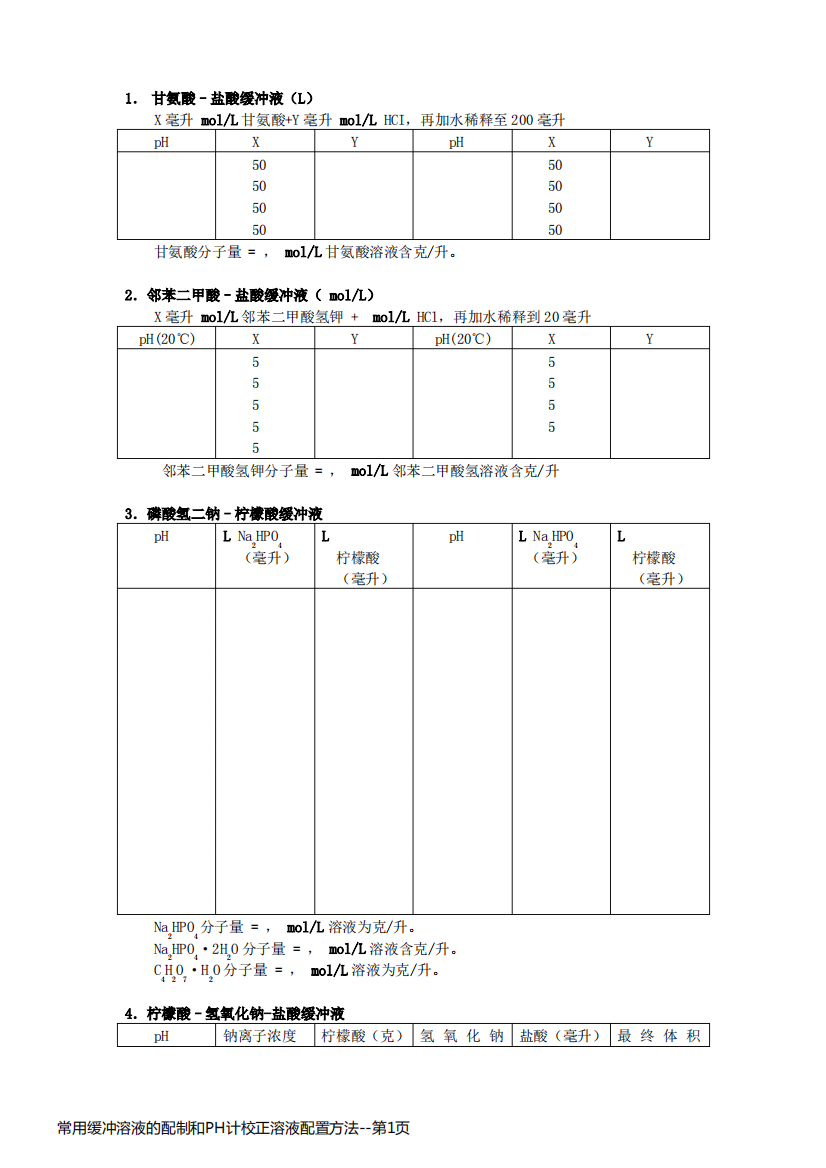 常用缓冲溶液的配制和PH计校正溶液配置方法