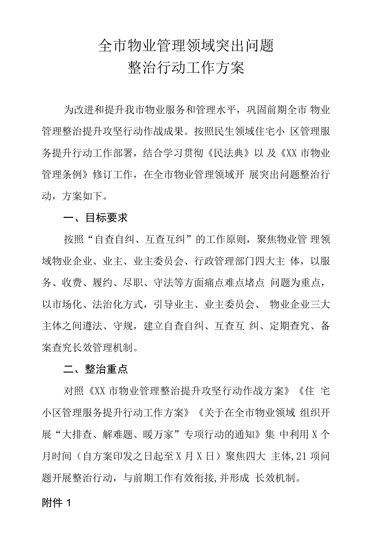 全市物业管理领域突出问题整治行动工作方案